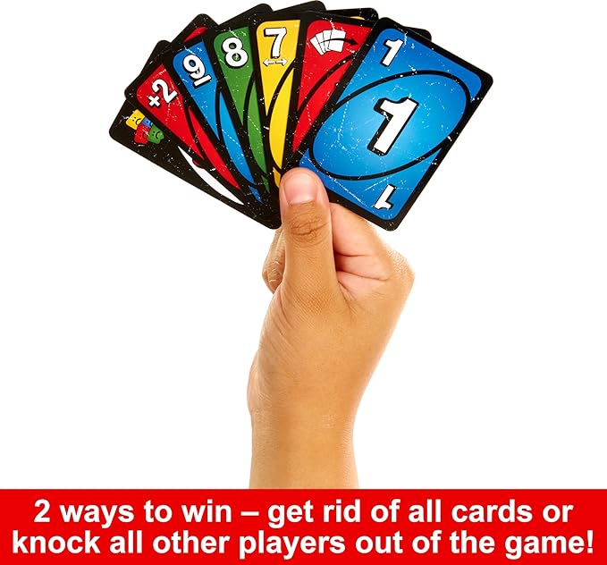 Mattel Games UNO Show ‘em No Mercy Card Game in Storage & Travel Tin for Kids, Adults & Family Night with Extra Cards, Special Rules & Tougher Penalties