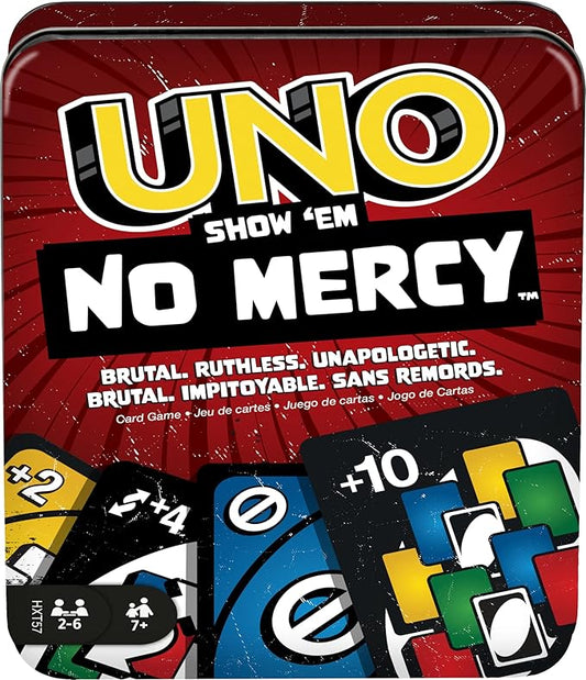 Mattel Games UNO Show ‘em No Mercy Card Game in Storage & Travel Tin for Kids, Adults & Family Night with Extra Cards, Special Rules & Tougher Penalties